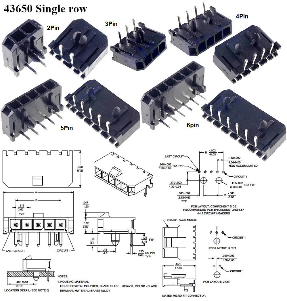 Microfit Single Row Pcb acodado